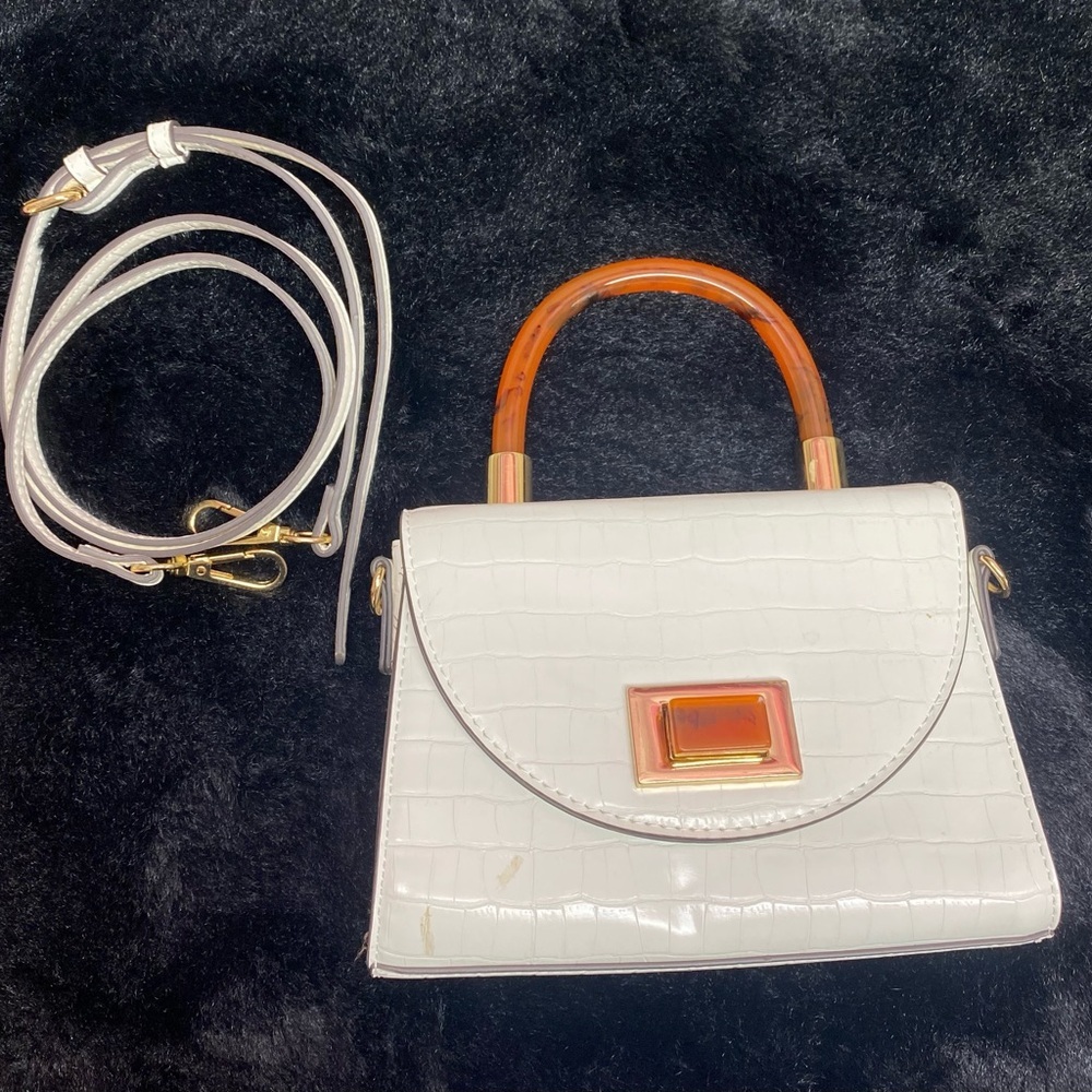 Elegant White Croc-Embossed Handbag with Tan Accents For Little Girls Mini Purse